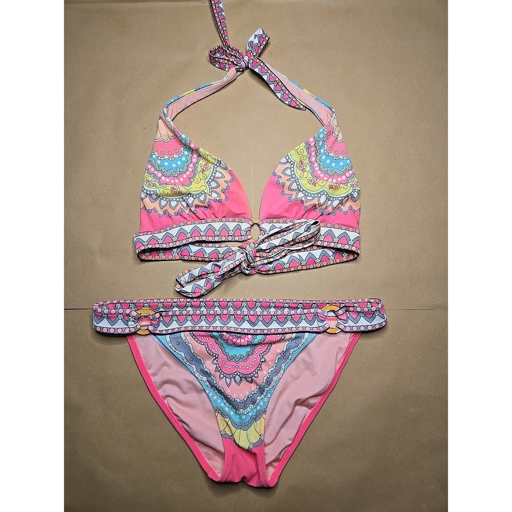 Vintage Victoria Secret Bikini Top M, Bottom S Pink MultiColor Y2K Boho
